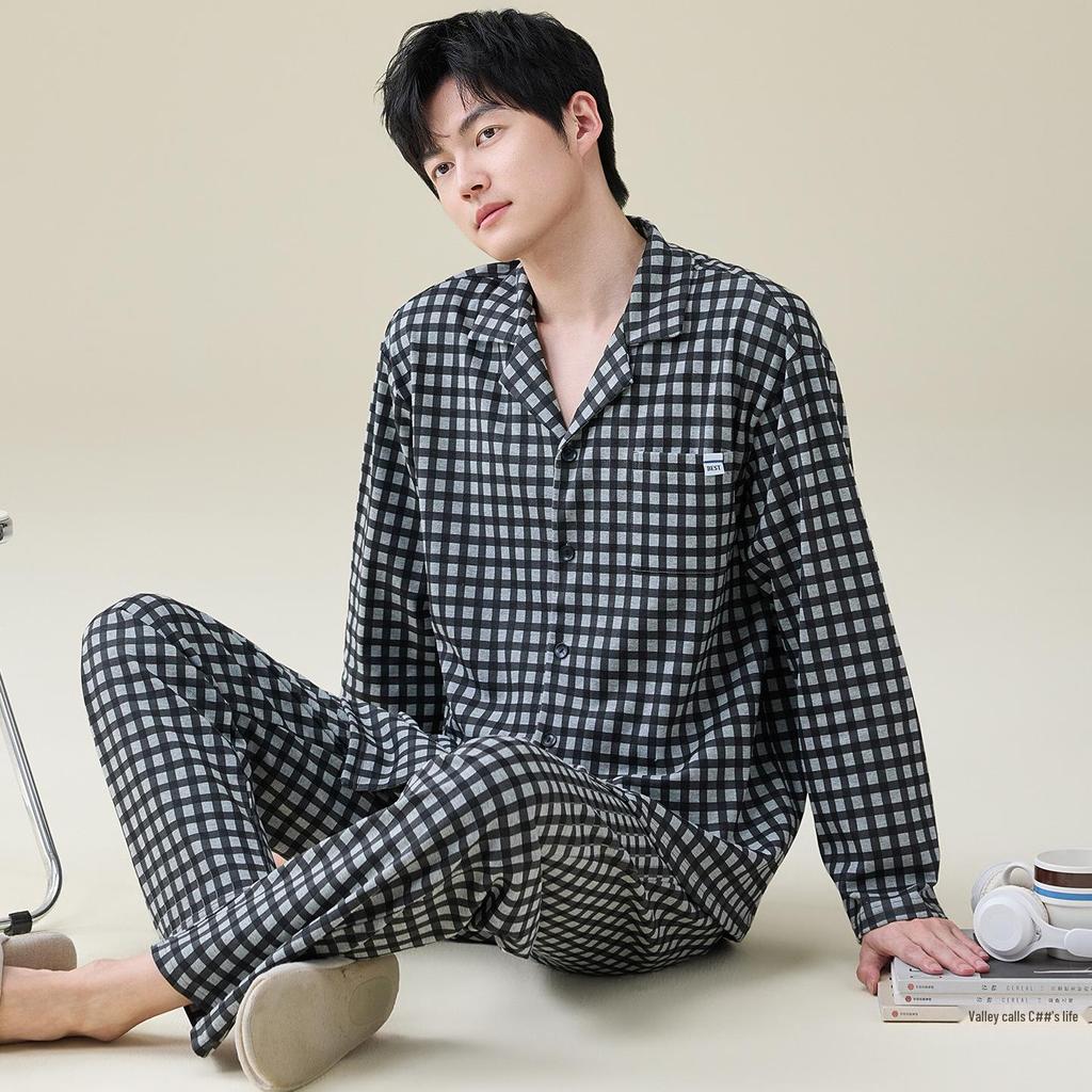 Men's 100% Cotton Striped Long Sleeve Pajamas - Trendy Korean Style for Spring