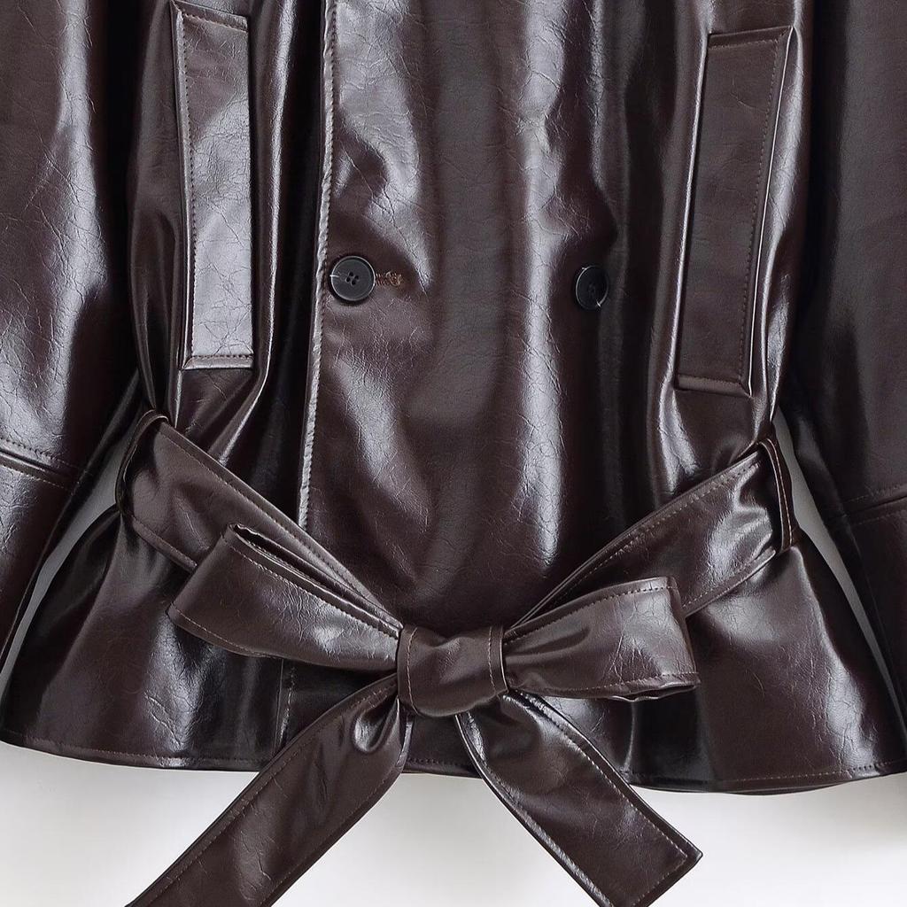 European & American Style 2025 Women's Shiny Fitted Short Leather Trench Coat