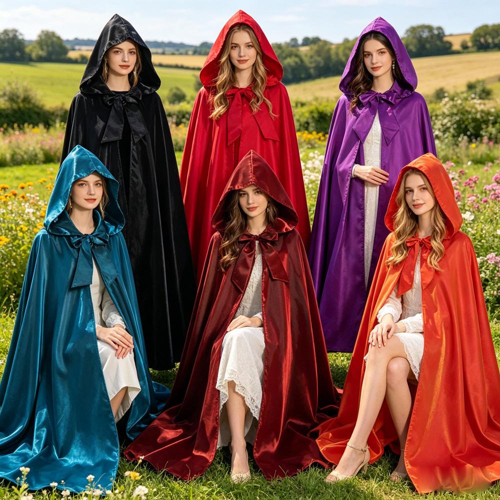 Halloween Cape Cloak with Hood for Adults Kids, Cosplay Costume, Tie Neck, Mid-Length Cape, Party Accessory, Magic Wizard Robe, Multipurpose
