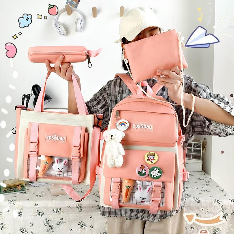 Set di Zaini in Tela da 4-5 Pezzi per Studenti: Design Carino con Carota e Coniglio, Perfetto per Bambine e Bambini delle Scuole Elementari e Medie