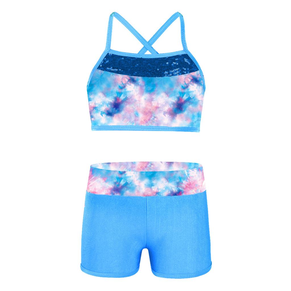 Kids Girls Swimming Dance Athletic Outfit Shoulder Straps Sequins Crop Top+Shorts Gymnastics Clothes
