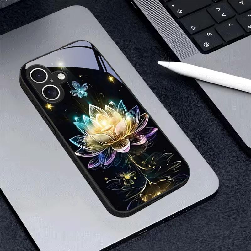 Tellar Luminescence Lotus Black Glass Phone Case For iPhone 17 Air 16 E 15 Plus 14 Pro Max 13 12 Mini 11 5 6 7 8 Plus XR X Cover
