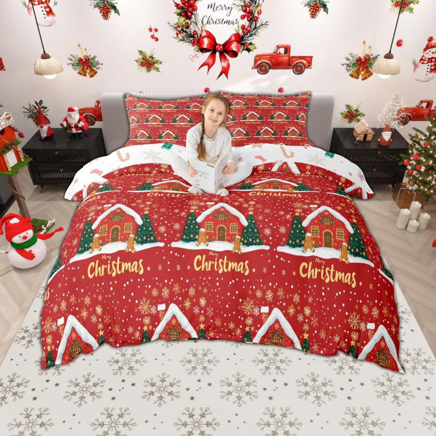 Homewish Cartoon Santa Claus Duvet Cover Set for Boys Girls, Christmas Tree Bedding Set, Snowflakes Snowman Bed Set
