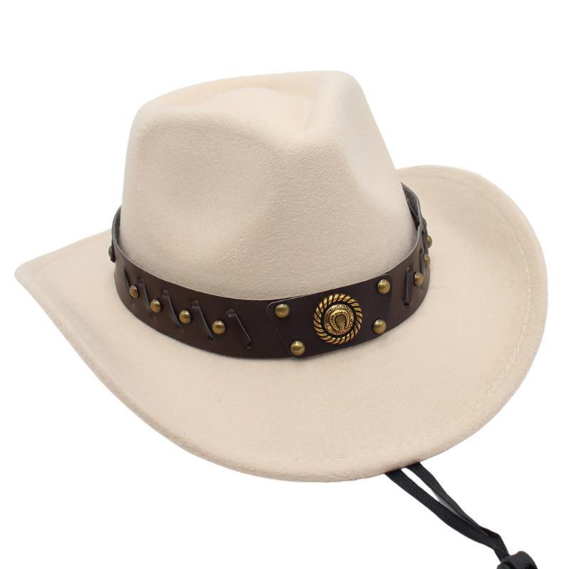 Western Cowboy Hat Tibetan Top Hat Felt Jazz Hat Rolled Edge Felt Hat Rivet Belt Buckle Metal