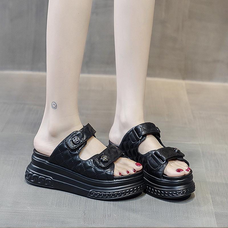 Heelless Cool Slippers Women's New Products In Summer 2025, Platform Muffin Sandals, Fashionable Versatile Checkerboard Sandals Women
