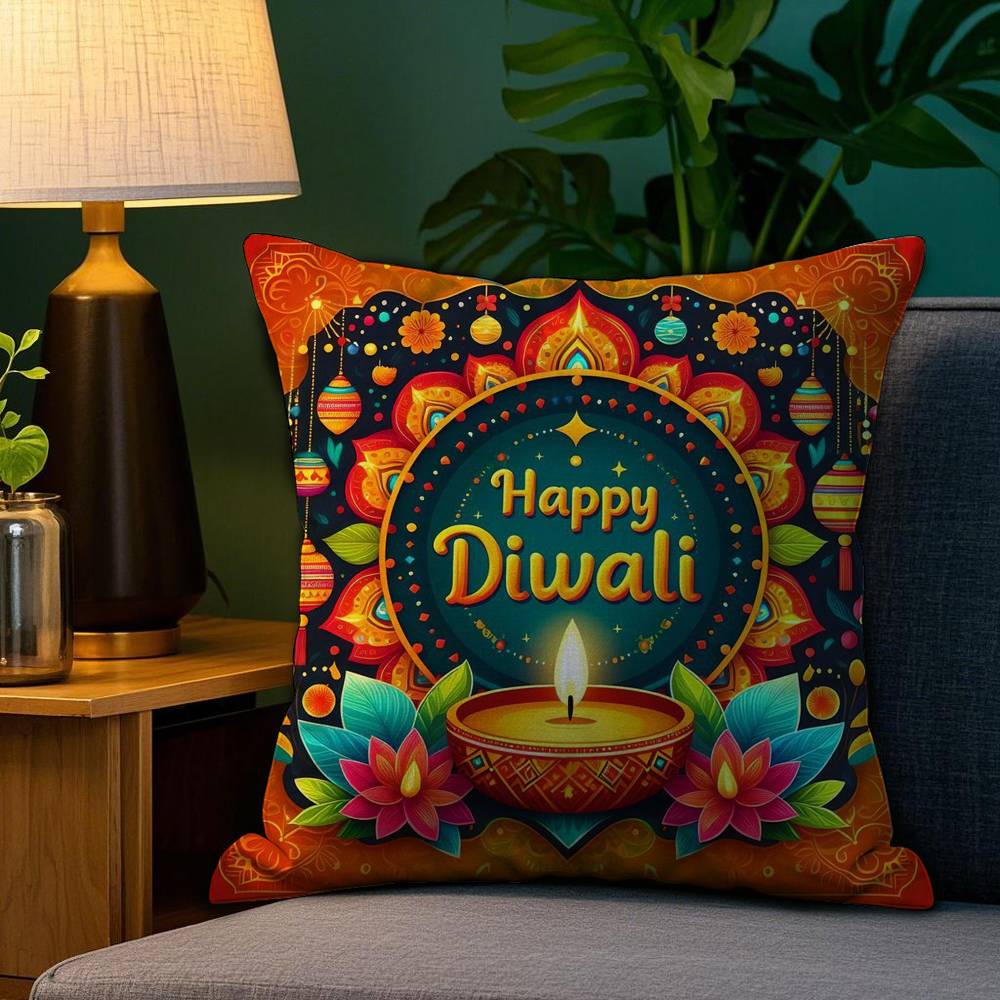 

Happy Diwali Festival Pillow Case Plush Fabric Soft Double Sided Print Home Sofa High Quality Cushion Cover Throw 12x12Inch