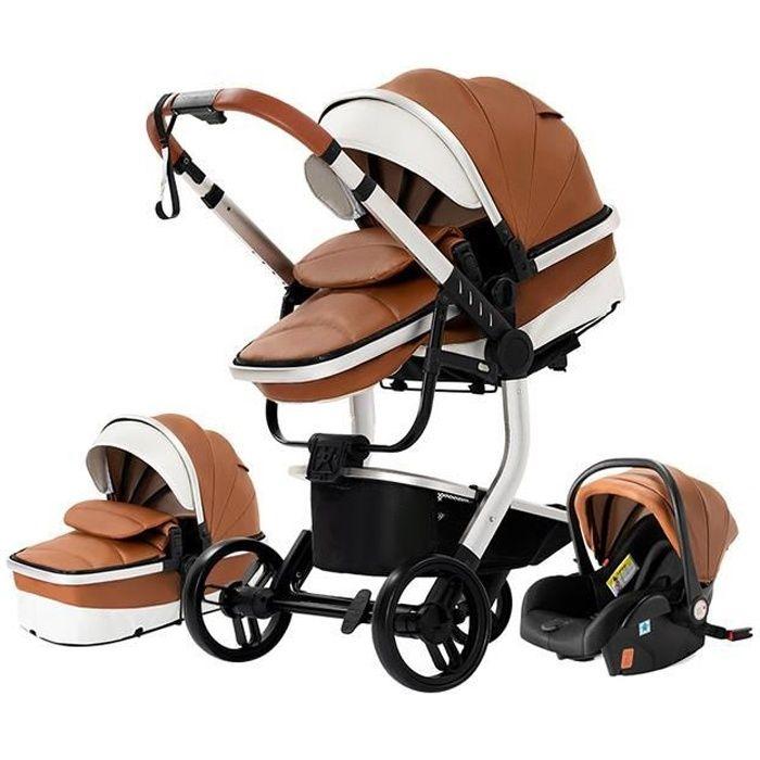 Cărucior Bebe Trio Combinat Landreau Reversibil Mare Lux Piele PU Hiper Confort Cadru Înalt Aluminiu Robust și Ușor Design Maro
