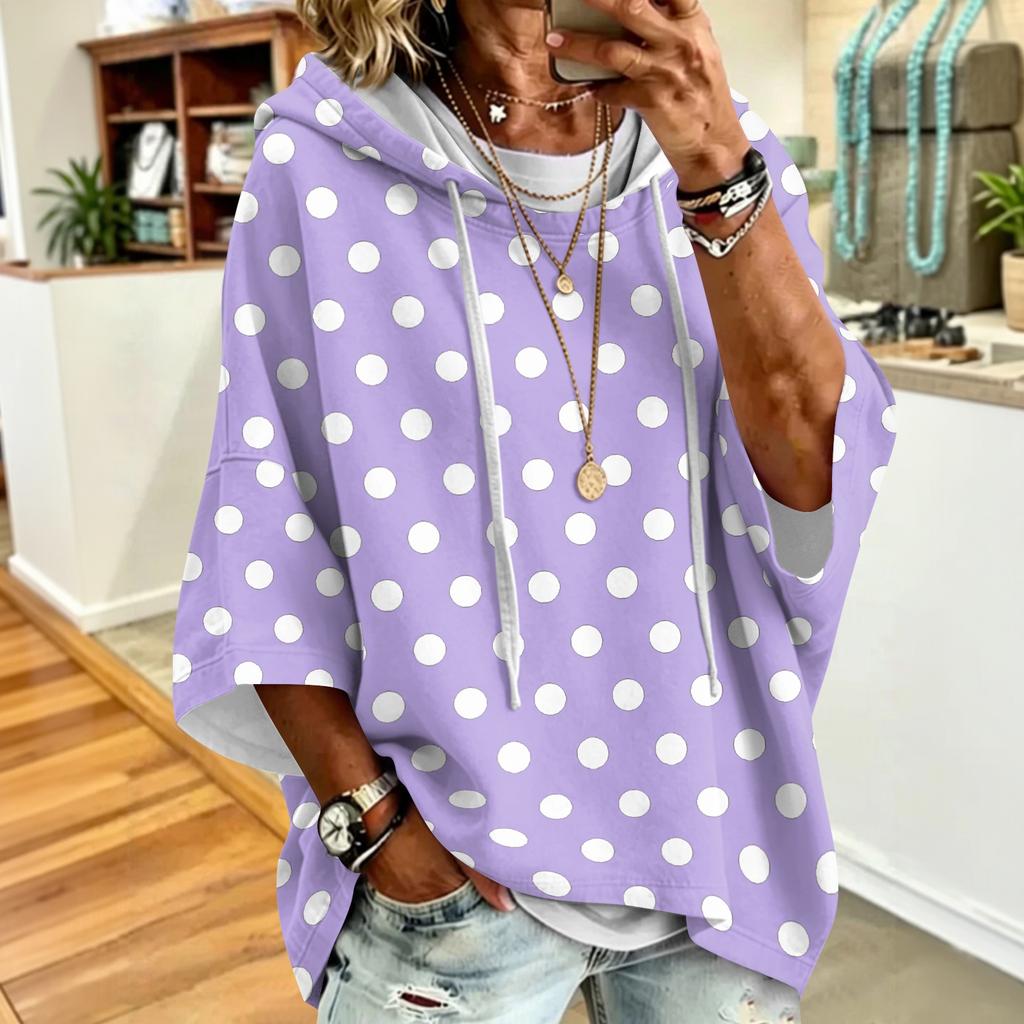 Women's Polka Dot Print Drawstring Hooded Sweatshirt Loose Fit Casual Top