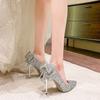 Pointed silver sequined high heels women's 2025 new thin heel rhinestone bow wedding shoes temperament crystal single shoes