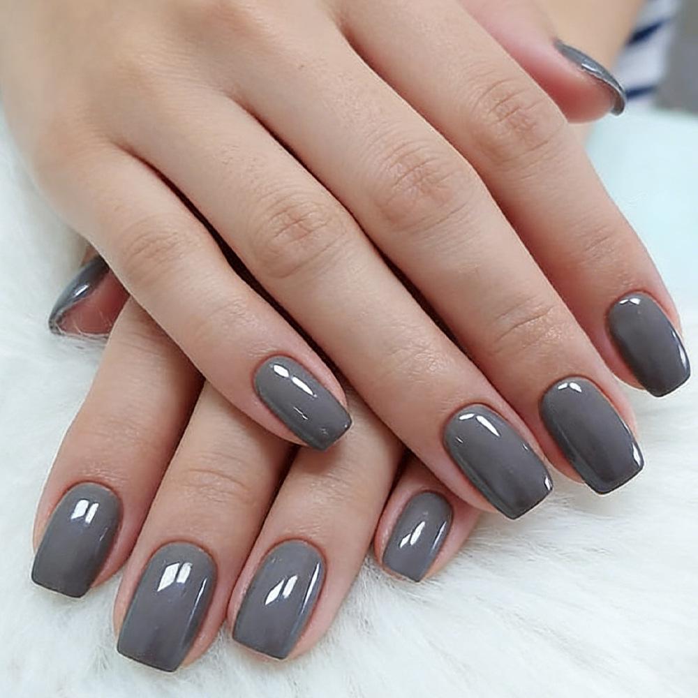 

High-Quality Gray Ultra-Thin Wearable False Nail Tips - Short Square, 24 Pieces, Removable