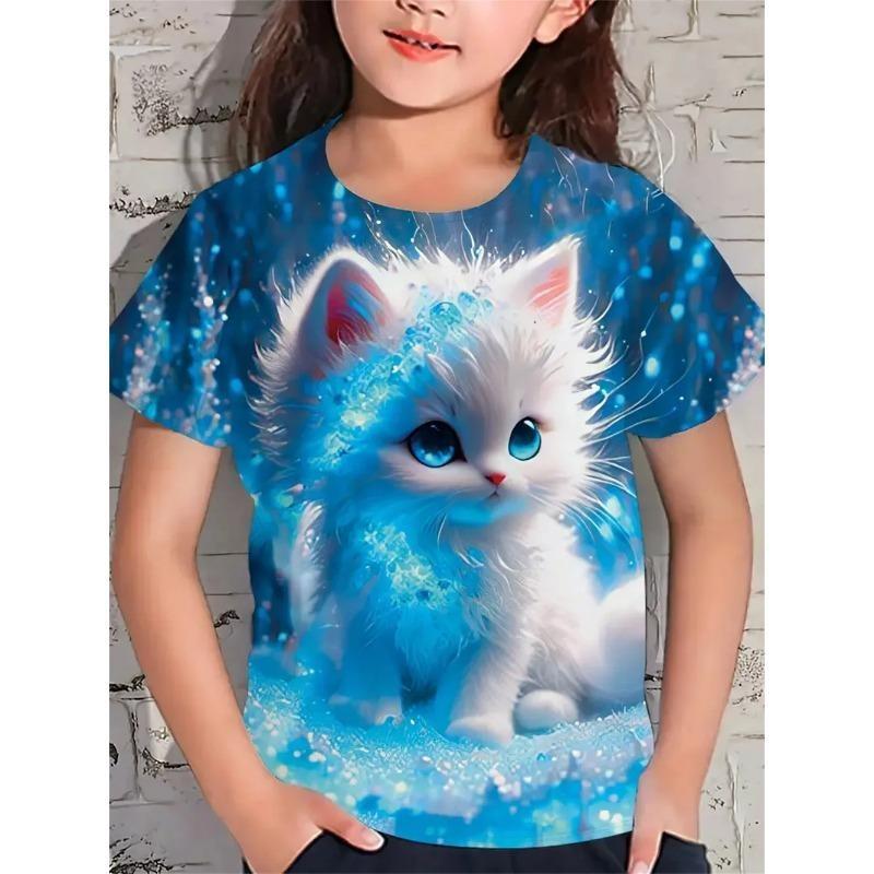 Children's Cartoon Kitten Printed Colorful Round Neck T-shirt for Girls, Fashionable Soft Comfortable T-shirt