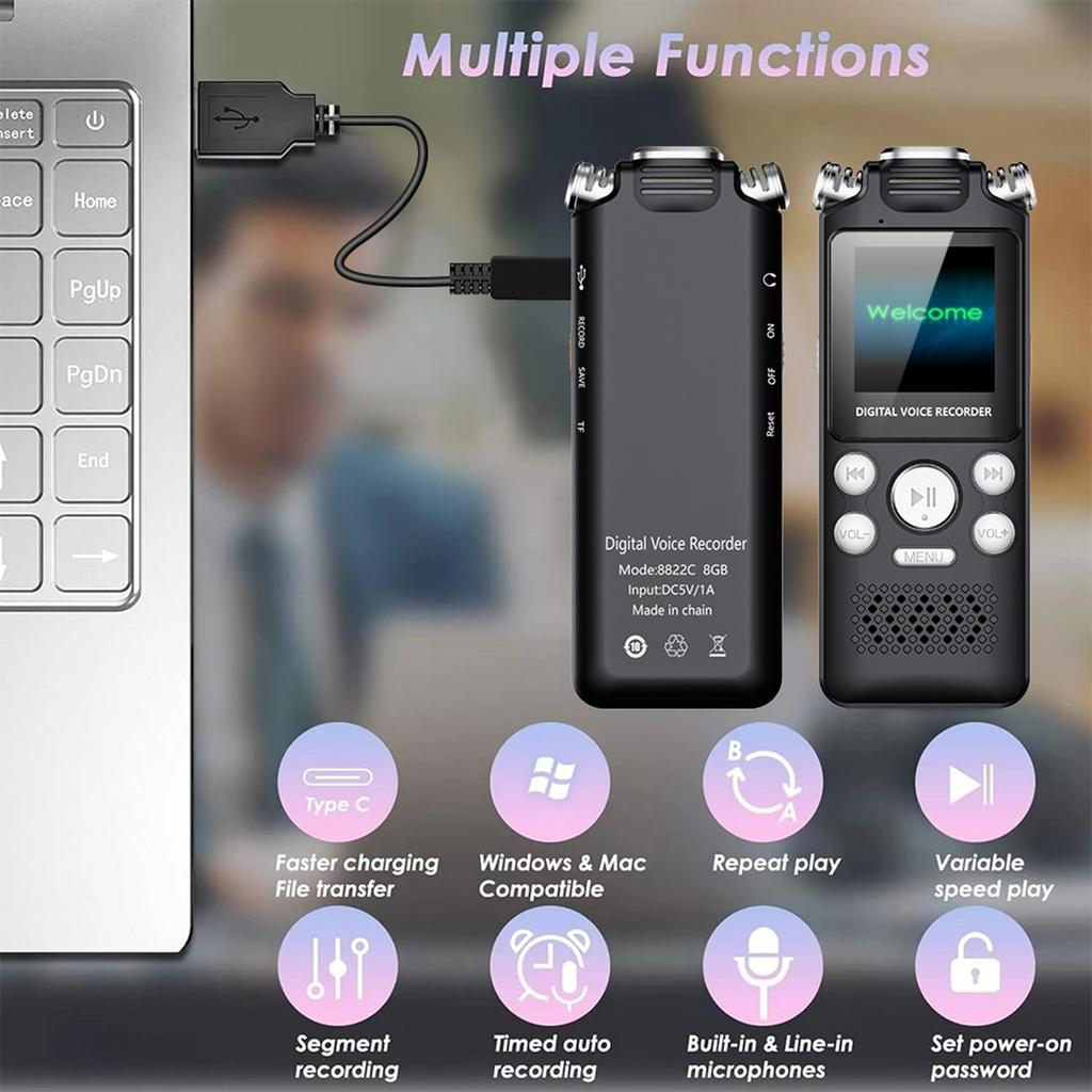 8GB 16GB 32G Voice Activated Digital Recorder 800mAh Battery Voice Activated Recorder Noise Cancelling Recording MP3 Player