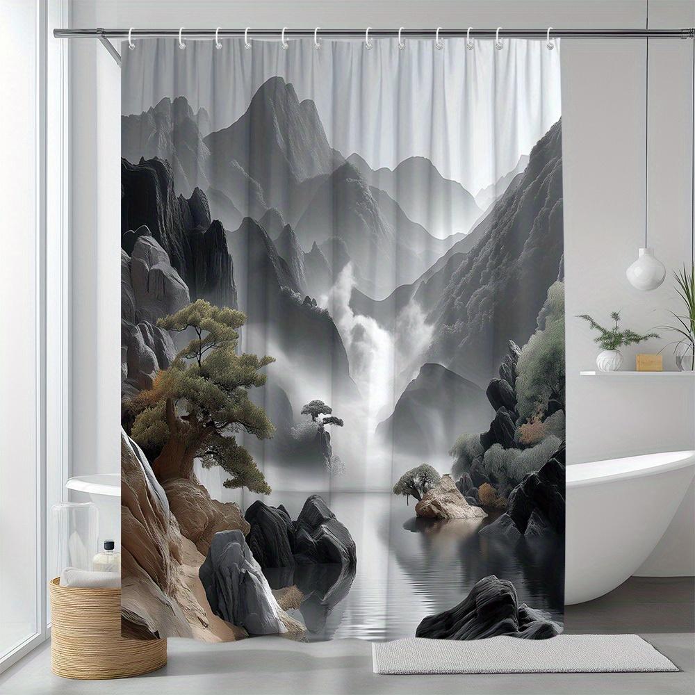1pc Landscape Shower Curtain with Natural Mountain and Water Painting Elements, Featuring Serene Scenery of Clouds, Mist, and Gu