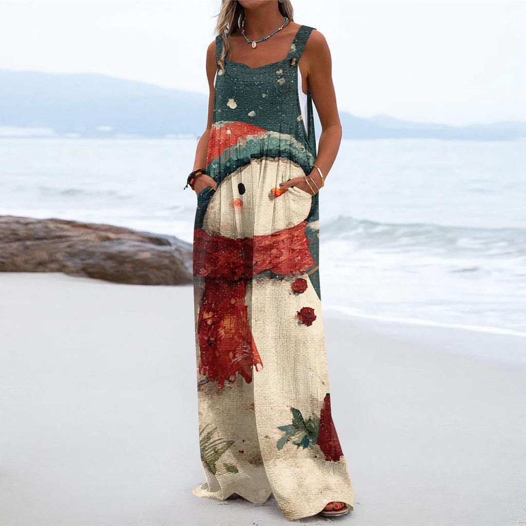 Women's Christmas Print Solid Wide Leg Strapless Tank Pocket Casual Onesie