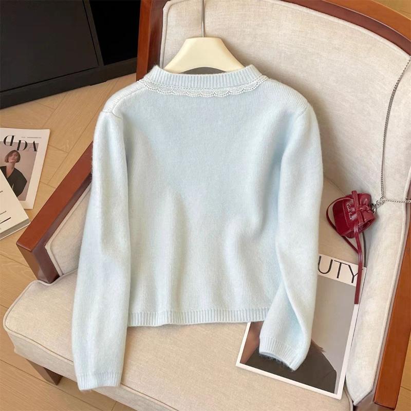 Sweet Lace Stitching Knitted Cardigan for Women Autumn Winter New Gentle Style Short Top