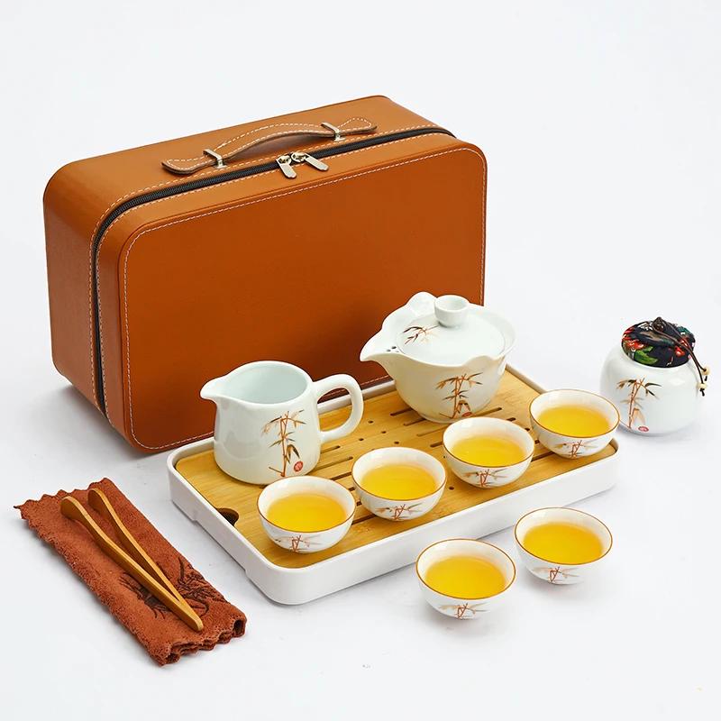 

Travel Tea Set Home Office Ceramic Tea Infuser Teacup Gaiwan Suit Portable Outdoor Tea Tray with Tote Bag Chinese Teaware Gifts Over Eight-piece Set