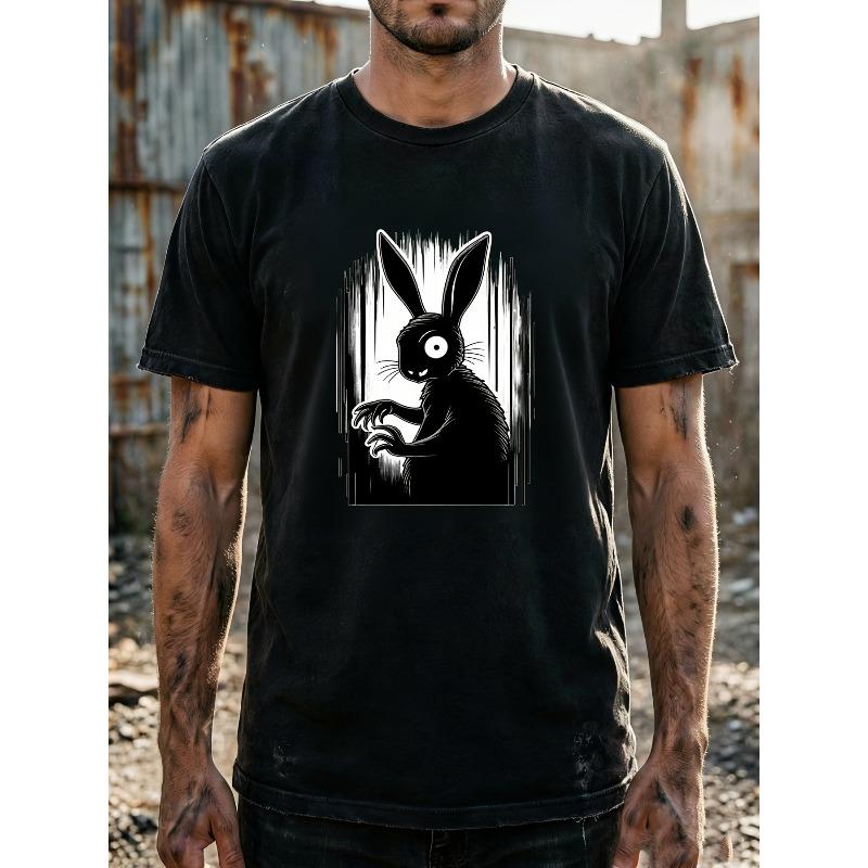 European Sizes Men'S Gothic Spooky Rabbit Graphic Tee Dark Cartoon One-Eyed Clawed Rabbit Print Edgy Horror Style Top