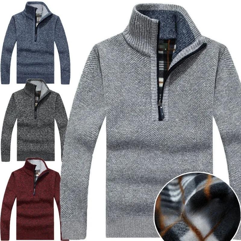 Men's Fleece Thicker Sweater Half Zipper Turtleneck Warm Pullover Male Slim Knitted Wool Sweaters for Spring