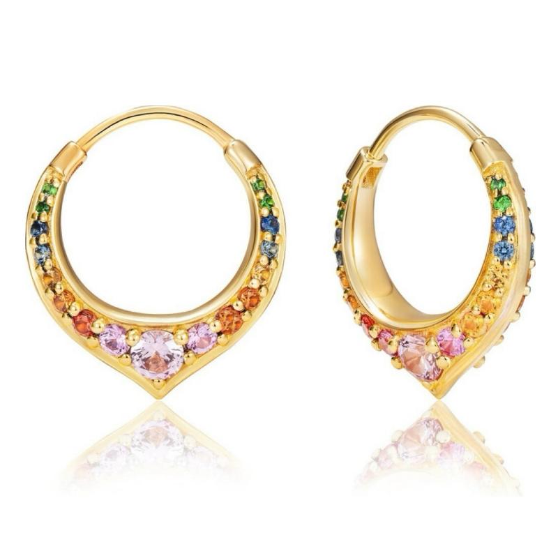 Colorful Micro-Paved Synthetic Zirconia V-Shaped Hoop Earrings for Women's Vintage Golden Plated Banquet Holiday Jewelry