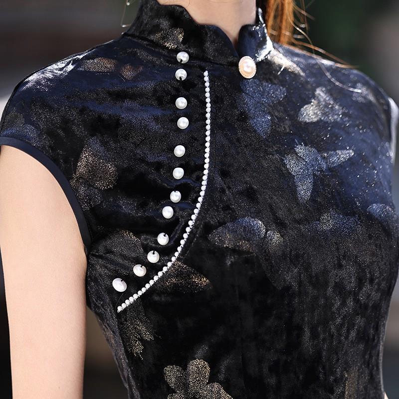 Black Velvet Modern Cheongsam Dress Women 2026 Vintage Style Long Sleeveless Elegant Wear