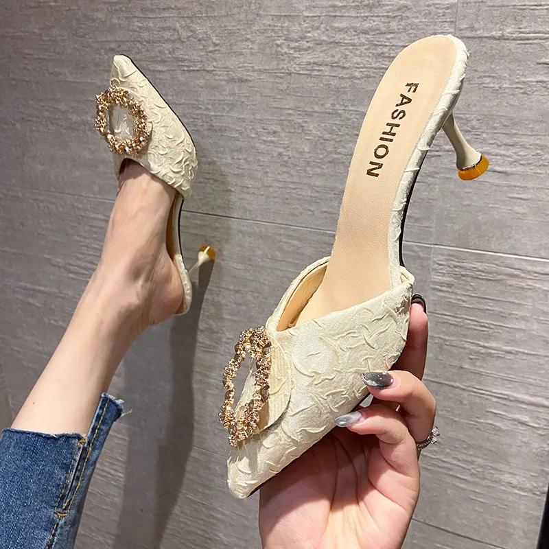 Fashion Classic summer women's slippers 2024 new hot selling French rhinestone high heels slim heels with toe caps casual cool slippers