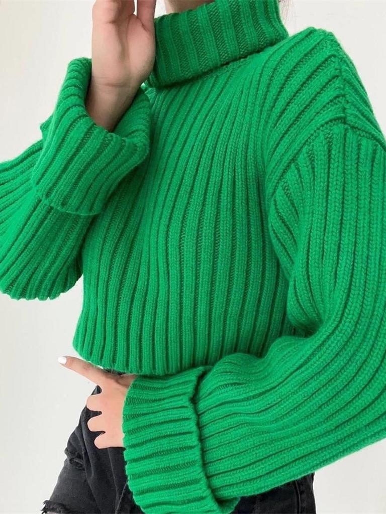 Autumn and Winter New Solid Color Thread Knitted Hoodie Short Style High Collar Bottom Sweater for Women 3521 KTB