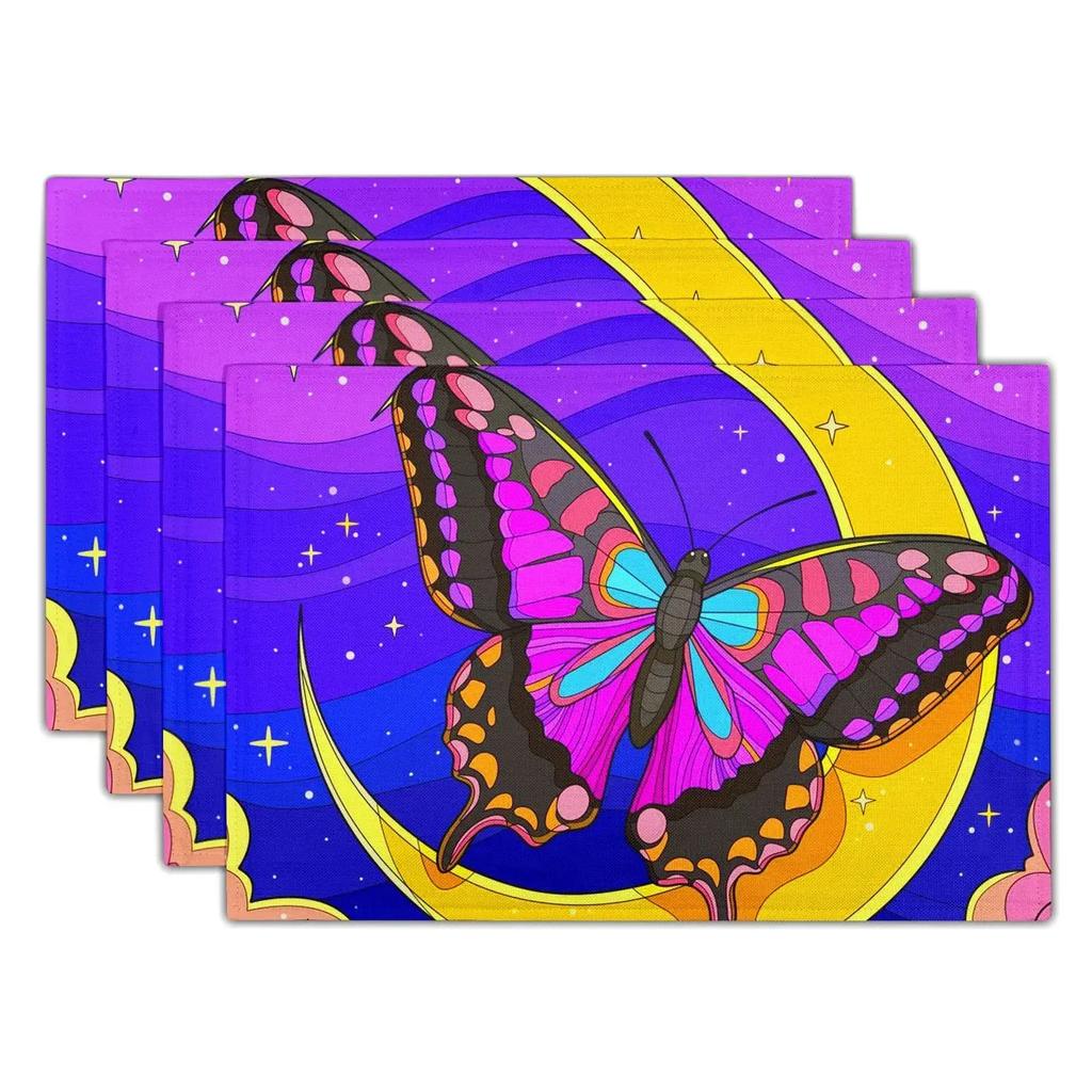 4PC Flowers Butterfly Table Pad Entomology Watercolor Table Mats Rectangle Durable Placemat Heat Insulation Burlap Kitchen Mat