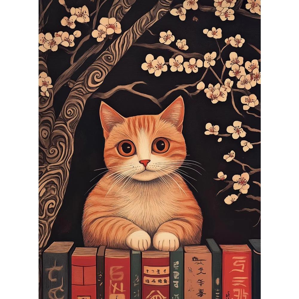 Canvas  Japanese Black Cat Bathing Moon Lucky Cartoon Illustration Retro Poster Wall Art Pictures Home Decor Wall Decor