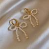 Korean White Imitation Pearl Bow Dangle Earrings for Women Elegant Handmade Woven Beaded Earrings Wedding Y2K Zircon