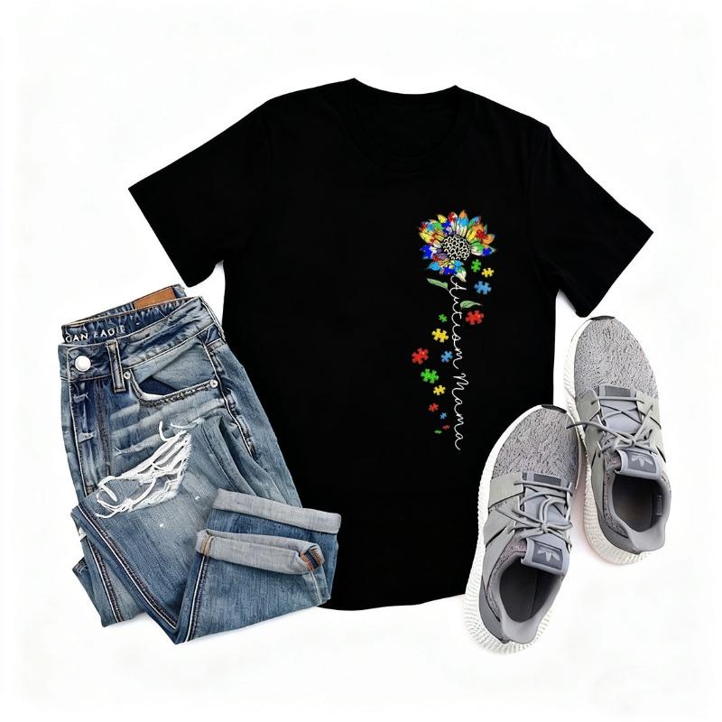 

Autism Mama Sunflower Shirt Neurodiversity Awareness Crew Neck Short Sleeve Cotton Top All Seasons Casual Fashion Comfortable S