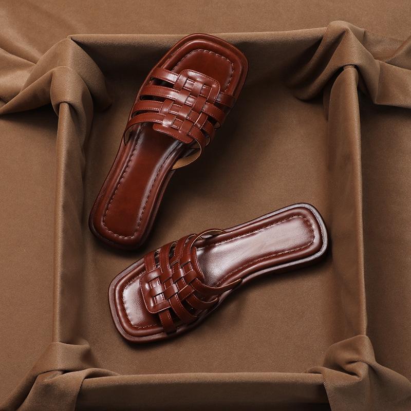 

French summer woven cool slippers women s outerwear flat-bottomed half-slippers thick-soled white Roman sandals one-pedal slippers 42
