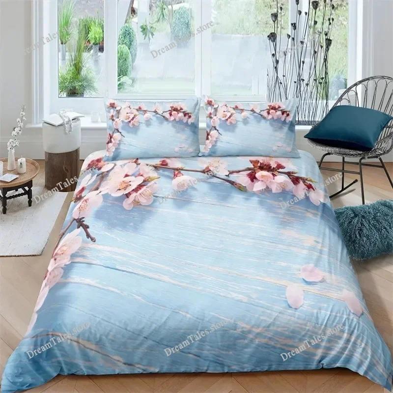 Duvet Cover Set Plum Blossom King Pink Flower Quilt Cover for Girls Microfiber Branches Printed Japanese Ink Style Bedding Set