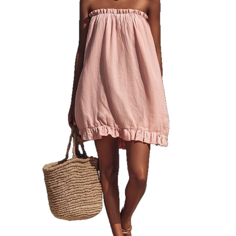 New casual tube top ruffle edge dress European and American summer style cotton and linen short skirt