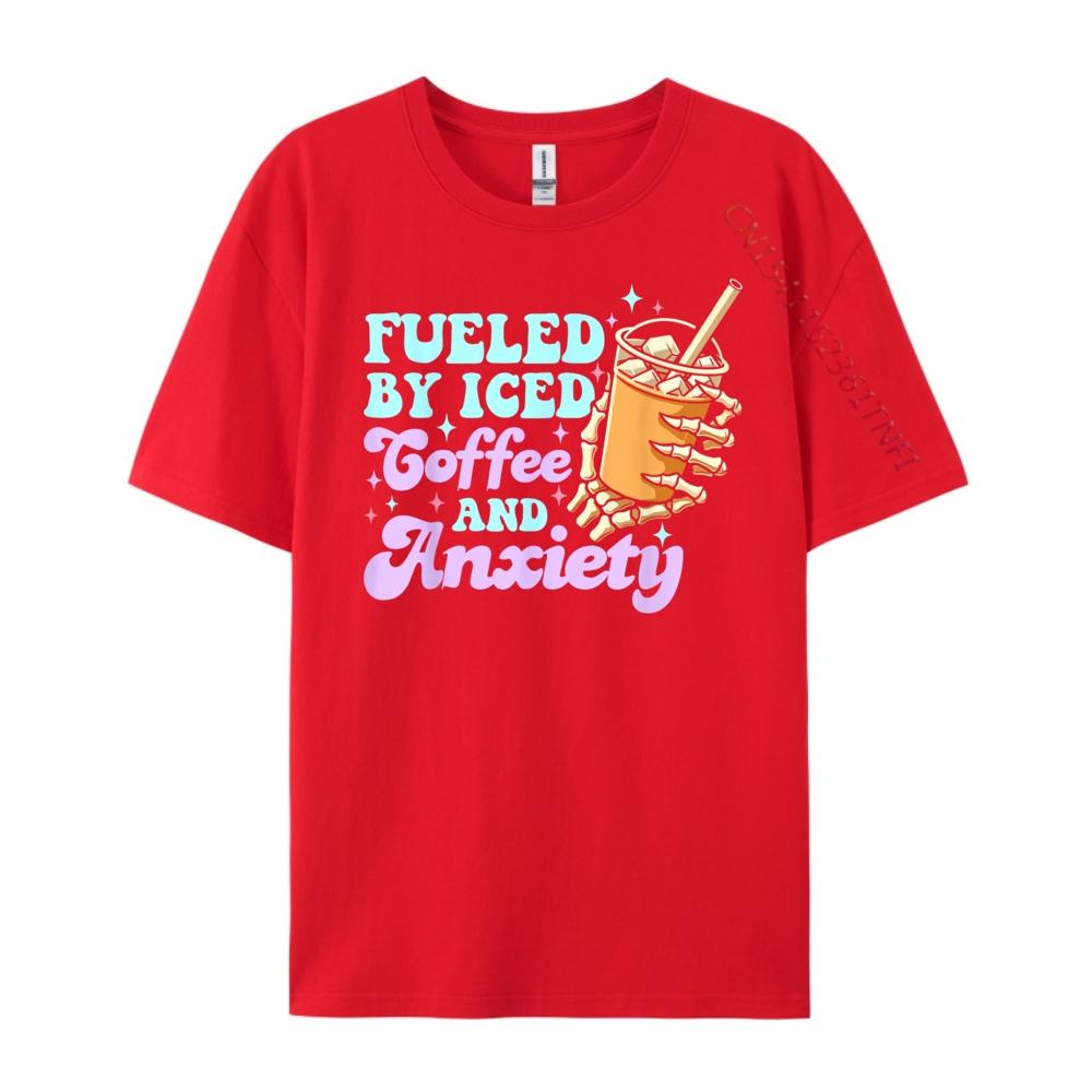 Fueled By Iced Coffee And Anxiety Coffee Lover Mens Designer T Shirt Male High Quality T Shirt for Men Printed S