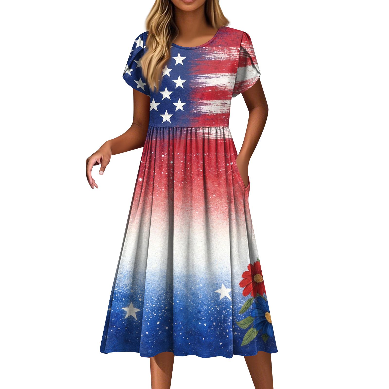 

Women s Fashion Casual Loose Independence Day Printed Round Neck Pocket Short Sleeve Dress XL кавун червоний колір
