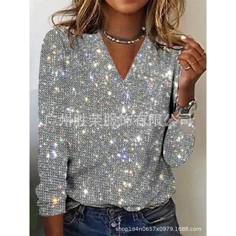 Women S Long Sleeve V Neck Sequined Pullover T Shirt