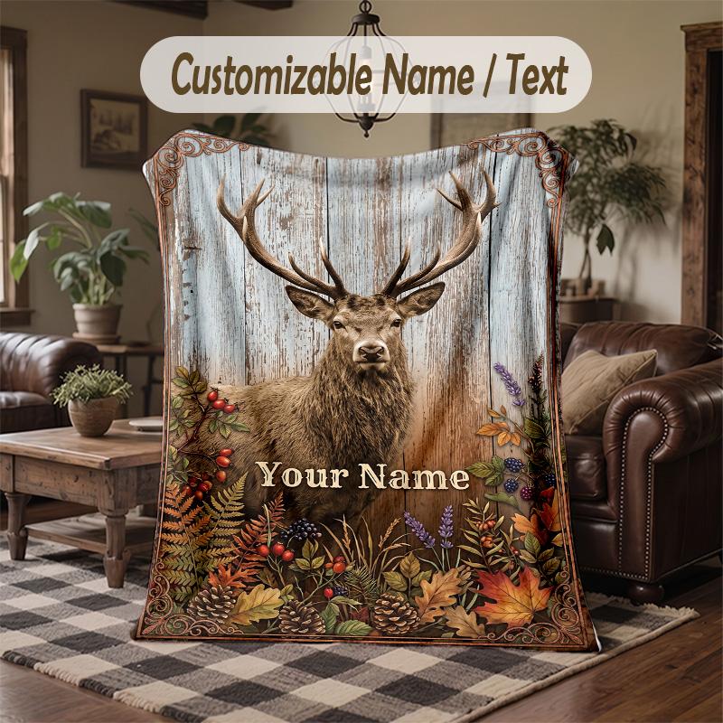 Elegant Deer Nature Scene Theme Throw Blanket Custom Name Text Personalized Blanket Soft Cozy Blanket for Home Sofa Bed