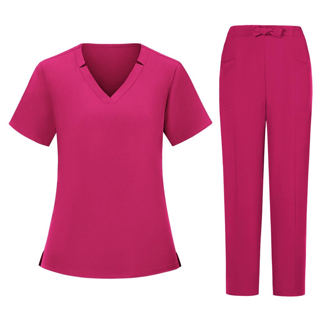 Women's Short Sleeved Color V Neck Pocket Top Pants Work Clothes Two Piece Set