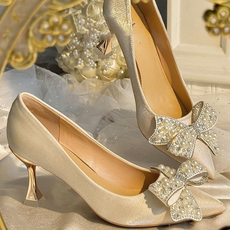 Fashion Pearl Rhinestone Bow Stiletto Single Shoes Autumn New Pointed Toe Shallow Mouth Slip-on Non-Slip Wear-Resistant High Heels