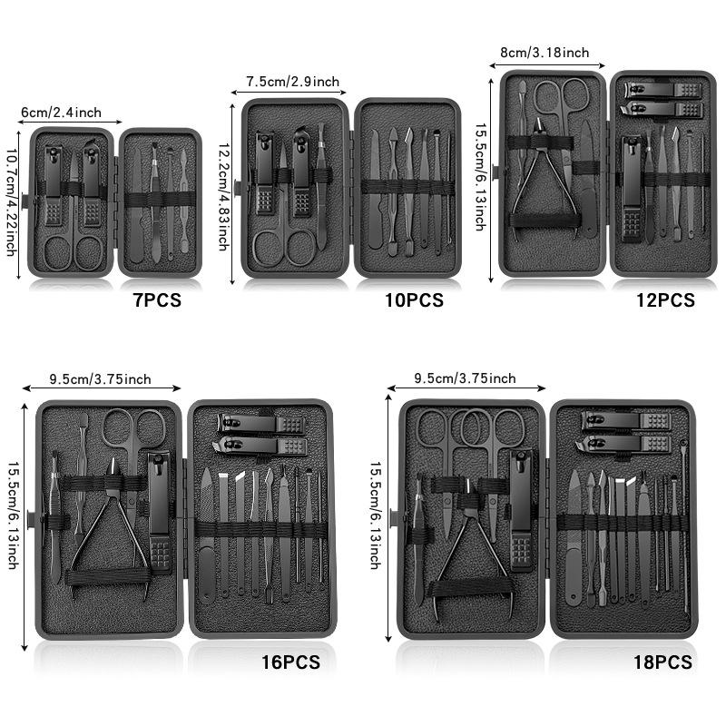 Black Stainless Steel Nail Clipper Set with Dead Skin Nippers, Pedicure Knife, and Blackhead Needle.