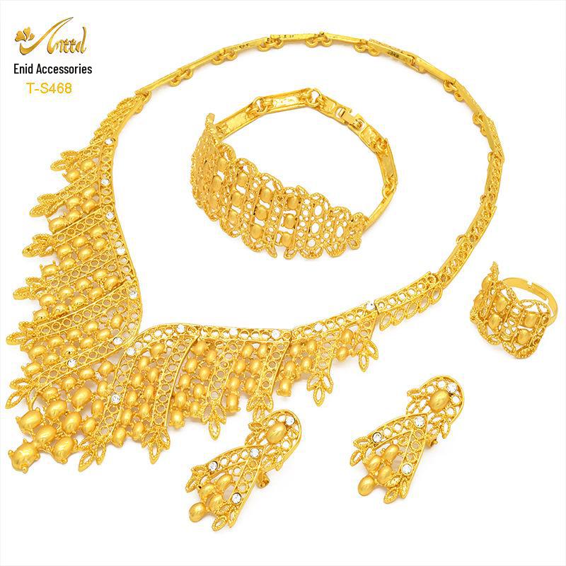 Indian Dubai Sand Gold Jewelry Set: Necklace, Bracelet, Ring & Earrings for Bridal Wedding.