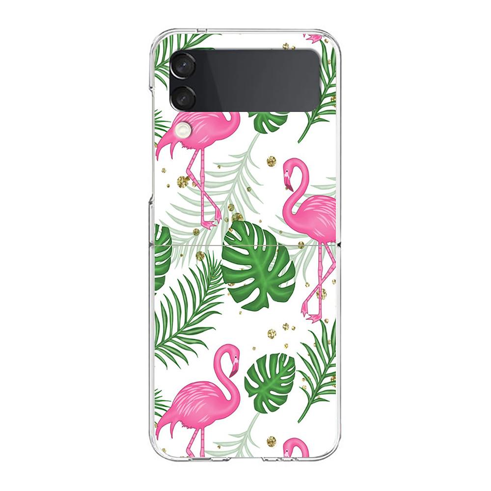 Phone Case For Samsung Galaxy Z Flip 3 4 5 Hard Folding Clear PC Bumper Lovely Pink Flamingos Leaf For Samsung Z Flip 6 Cover