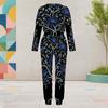 Women Plus Size Round Neck Long Sleeve Black Printed Two Piece Set Cuffed Top And Pants With Pockets