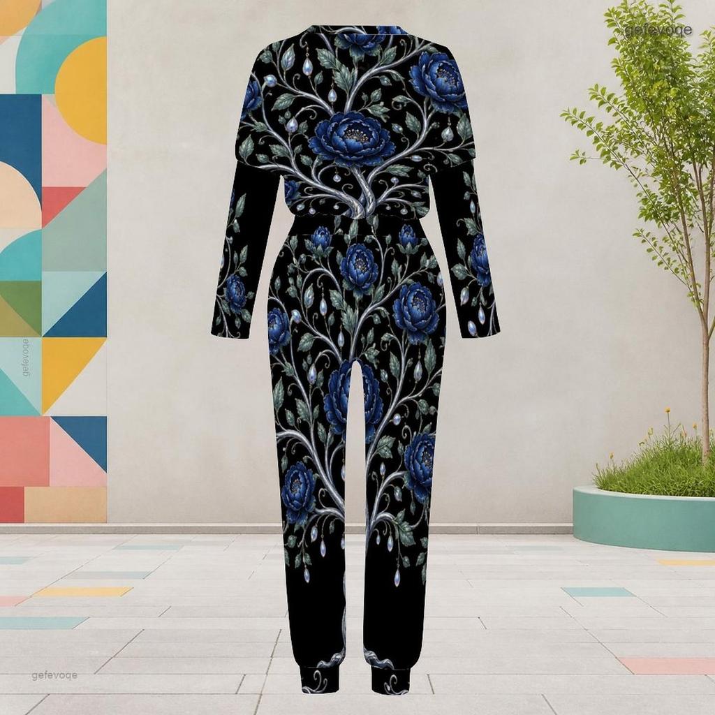 Women Plus Size Round Neck Long Sleeve Black Printed Two Piece Set Cuffed Top And Pants With Pockets