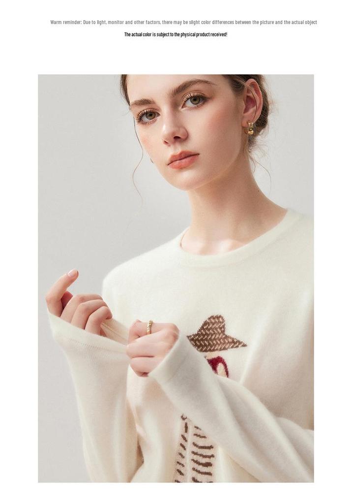 Women's Elegant Autumn 2026 Embroidered Cashmere Sweater - Round Neck, Loose Fit, Slimming and Warm Base Layer