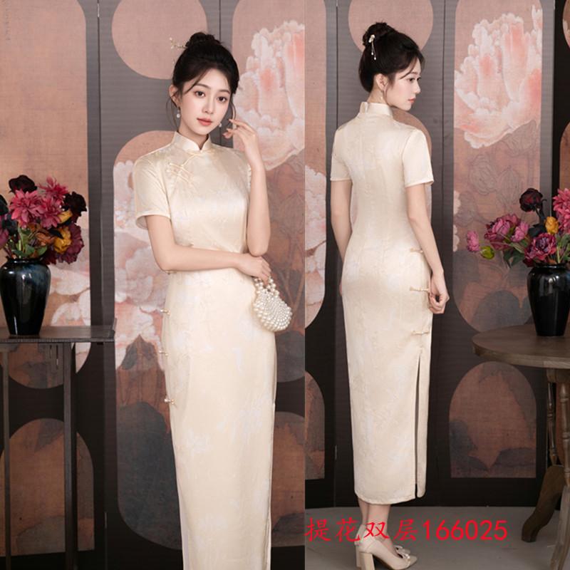 Ai Qi embroidery spring and summer new jacquard double-layer long cheongsam gentle retro Republic of China style simple and elegant slim cheongsam