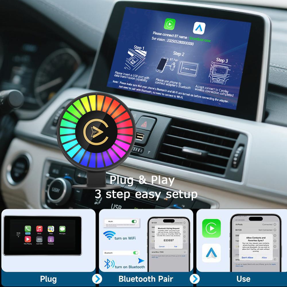 3-in-1 Wireless Carplay Android Auto Adapter Plug and Play Car Aromatherapy withCar Smart APP Control RGB Music Lamp  Rechargeable for Car Air Outlet