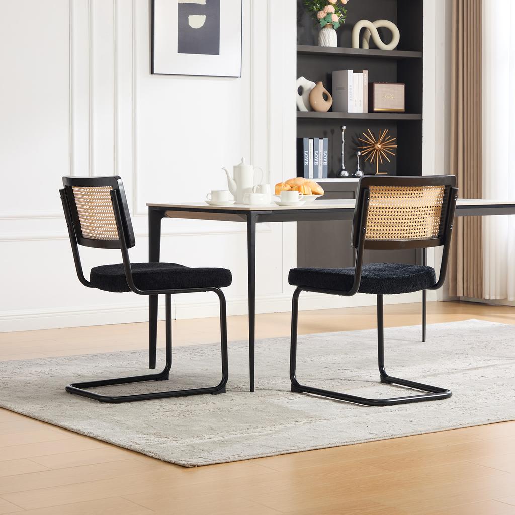 Modern Rattan Dining Chair with Black Metal Frame, Synthetic Cane Back & Chenille Seat Cushion for Kitchen, Living Room, Bedroom-Black