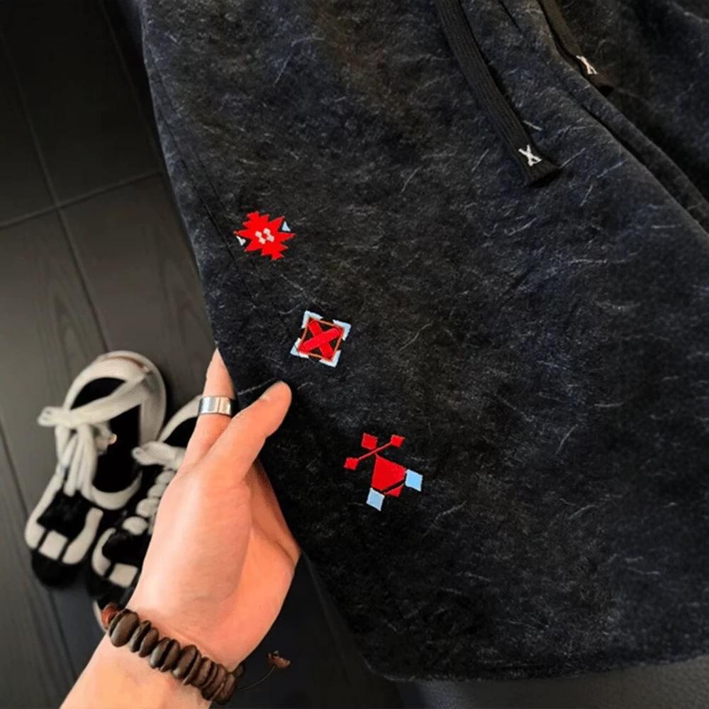 American tie-dye diagonal cut embroidered shorts men's summer trendy brand loose five-point pants ruffian handsome sweatpants basketball pants