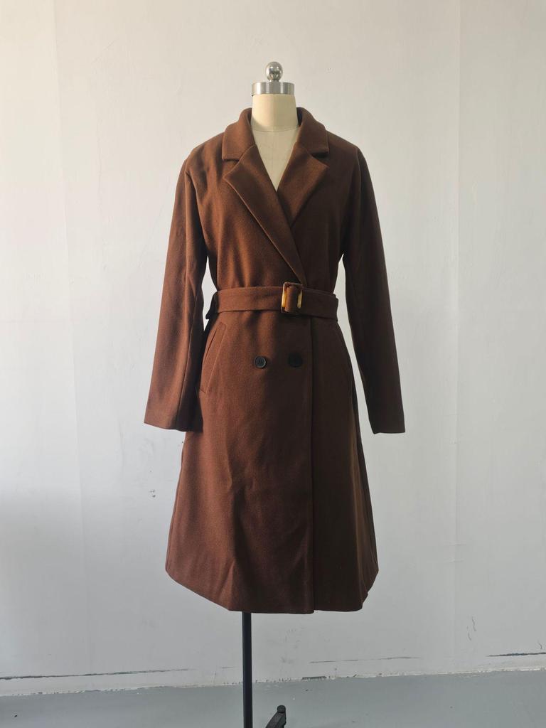European & American Women's Slim-Fit Double-Breasted Belted Long Woolen Trench Coat